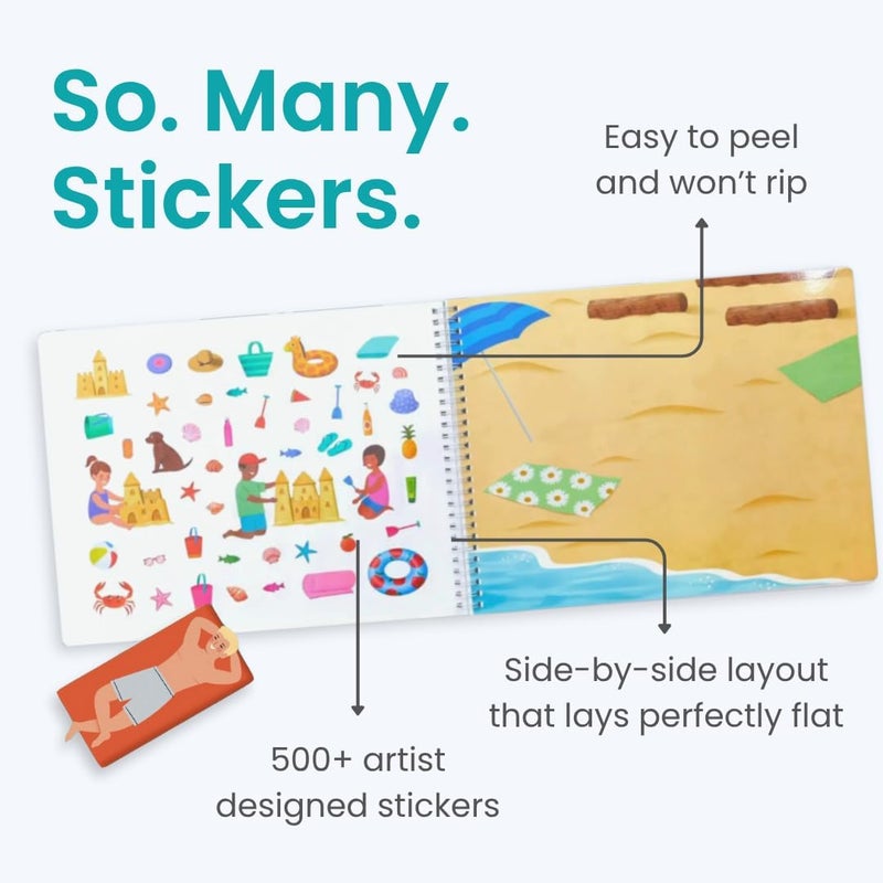 CUPKIN Sticker Book for Kids 2-4, 500+ Kids Stickers, Beach Day 12 Coloring Pages 12 Side by Side Scenes, Fun Toddler Travel Activity Coloring and Sticker Books for Children Ages 4-8 + 8-10 - Image 2